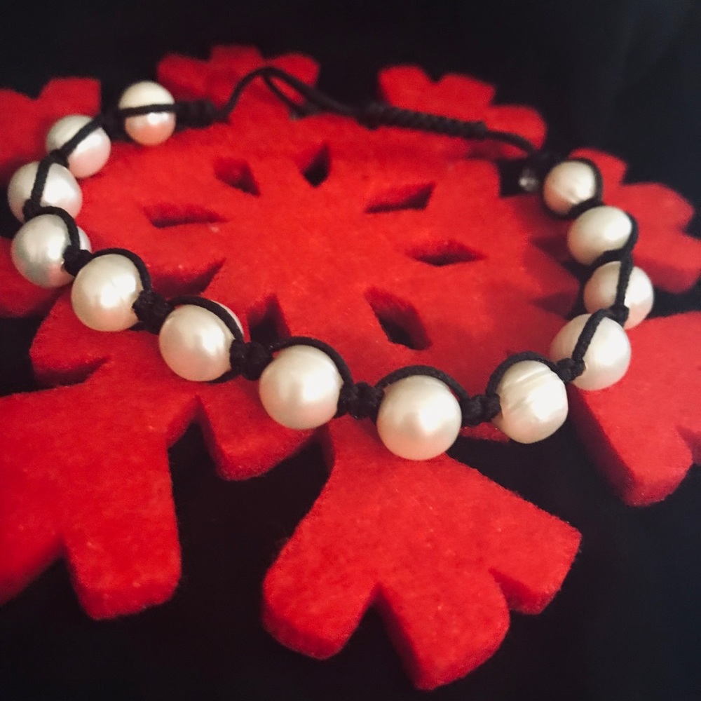 Faux Pearl Entwined Black Rope Bracelet
